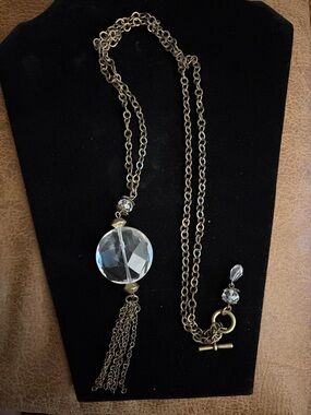 Premier Designs Clear Crystal Disc Pendant with Antique Gold Tassel Chain